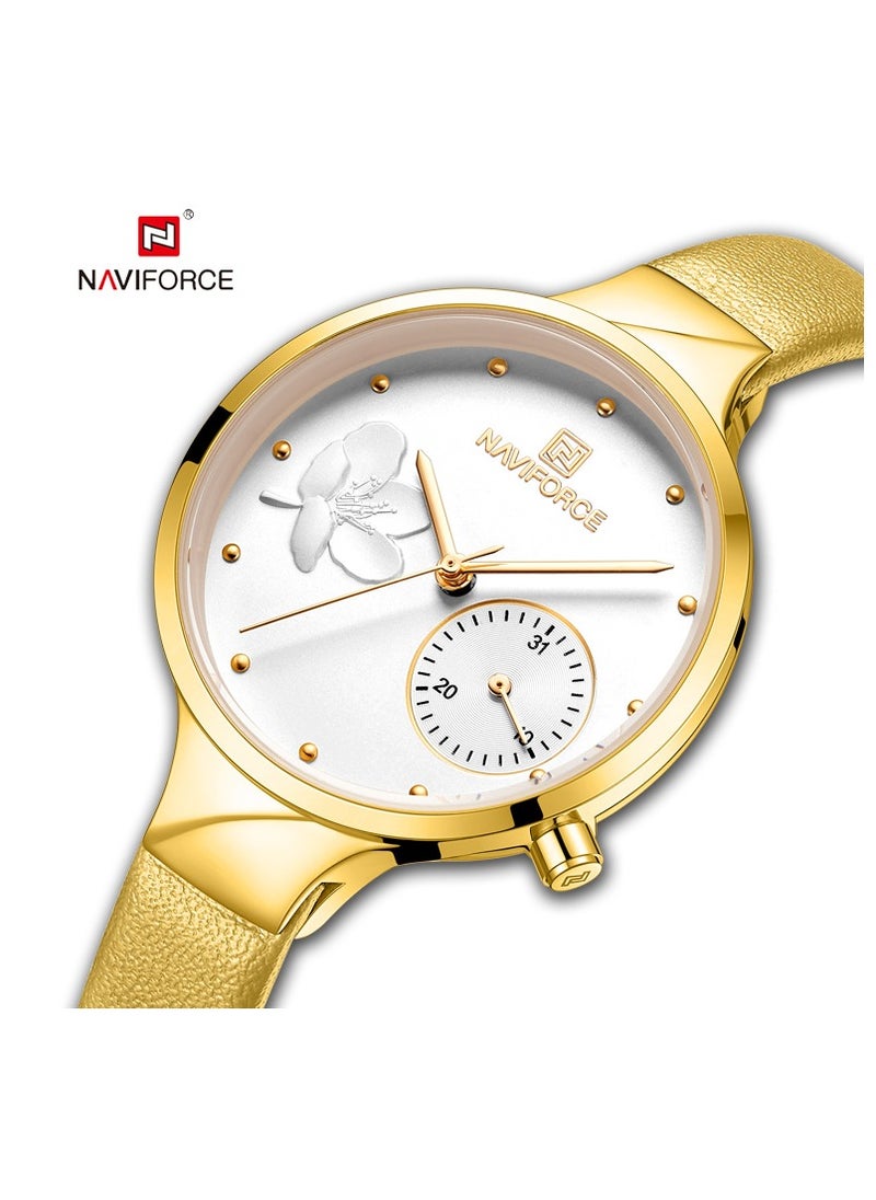 NAVIFORCE Elegant Women's Quartz Watch Stylish Round Dial with Floral Embossed Design Sub-Dial Display Leather Strap Fashionable Timepiece for Everyday Wear and Special Occasions  - Image 2