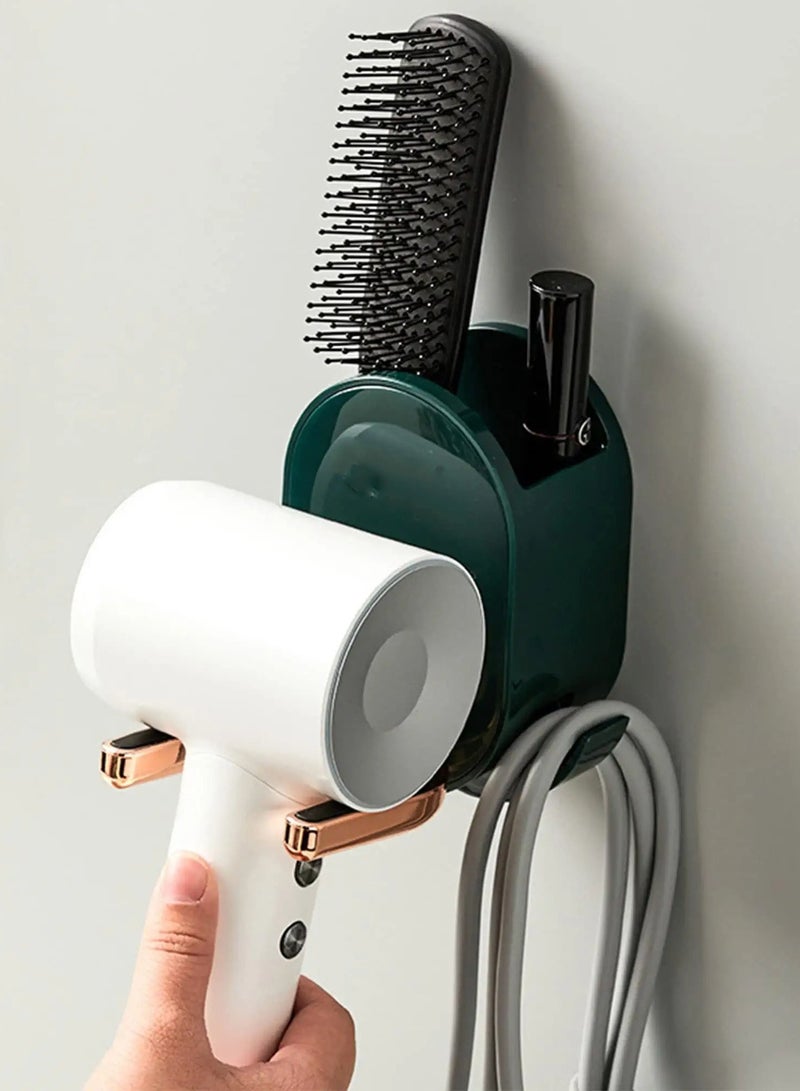 SOLARAE حامل مجفف الشعر المثبت على الحائط، رف مجفف الشعر، حامل أدوات العناية بالشعر البلاستيكي، منظم مجفف الشعر، حامل مجفف الشعر بدون استخدام اليدين، مناسب لتنظيم تخزين الحمام (أخضر) - Image 1