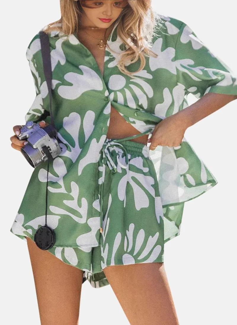 YUNIQEE Green Tropical Print Collared Shirt with Shorts