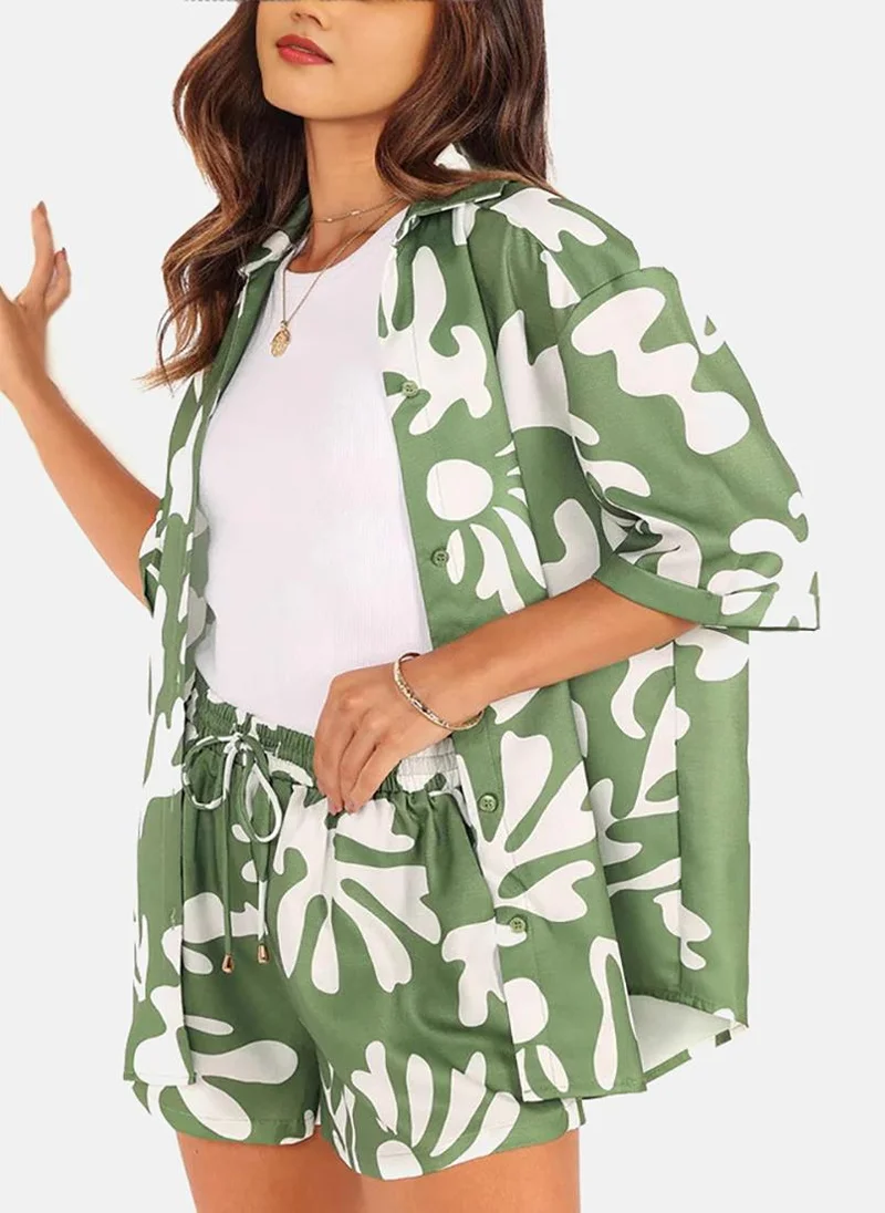 YUNIQEE Green Tropical Print Collared Shirt with Shorts
