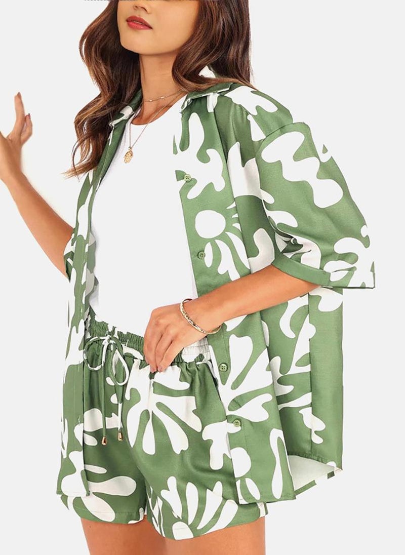 يونيكي قميص بياقة مطبوع استوائي أخضر مع شورت - Image 3