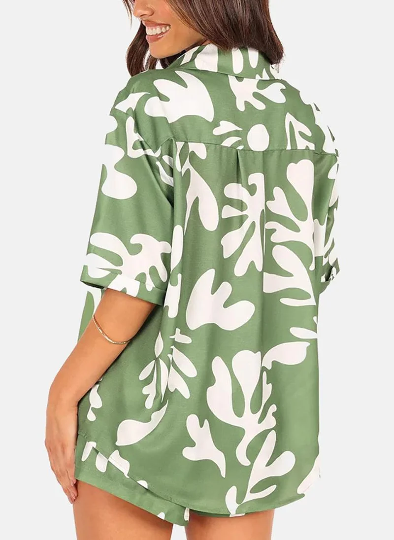 YUNIQEE Green Tropical Print Collared Shirt with Shorts