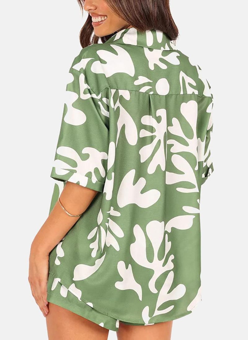 يونيكي قميص بياقة مطبوع استوائي أخضر مع شورت - Image 5