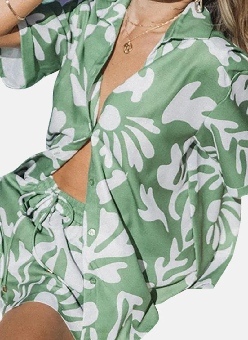 YUNIQEE Green Tropical Print Collared Shirt with Shorts