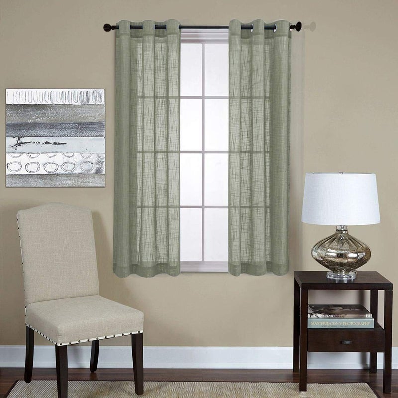 MIUCO Semi Sheer Curtains Poly Linen Textured Solid Grommet Curtains 63 Inches Long for Kitchen 2 Panels 2 x 37 Wide x 63 Long Sage