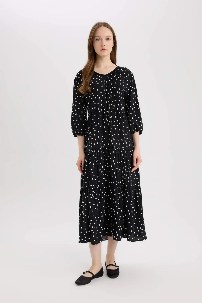 Defacto Regular Fit Patterned V Neck Maxi Dress