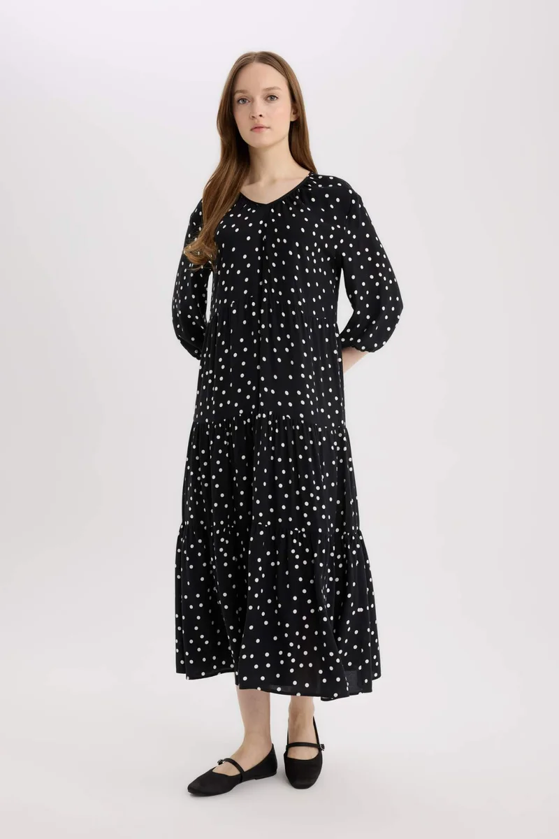 Defacto Regular Fit Patterned V Neck Maxi Dress
