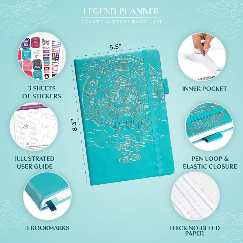 Legend Planner مخطط الأسطورة – مخطط الحياة الفاخر الأسبوعي والشهري لتحقيق أهدافك والعيش بسعادة. دفتر منظم ومجلة إنتاجية. غلاف صلب بحجم A5، غير مؤرخ – ابدأ في أي وقت + ملصقات – تركواز ذهبي - Image 2