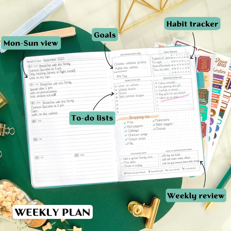 Legend Planner مخطط الأسطورة – مخطط الحياة الفاخر الأسبوعي والشهري لتحقيق أهدافك والعيش بسعادة. دفتر منظم ومجلة إنتاجية. غلاف صلب بحجم A5، غير مؤرخ – ابدأ في أي وقت + ملصقات – تركواز ذهبي - Image 3