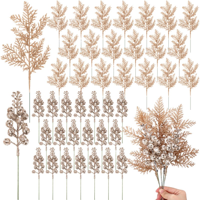 Cindeer 80 Pcs Champagne Gold Christmas Glitter Berries Stems Pine Needles Christmas Artificial Picks Fake Floral Twig Spray for Xmas Tree Ornaments DIY Wreath Garland Decorations - Image 1