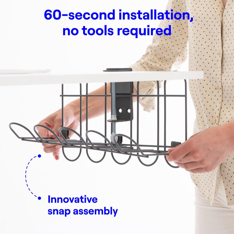 BedShelfie CarryUp Under Desk Cable Tray, No Drill Wire Management Clamp, Computer Cord Organizer for Under Desk, Rack Cable Hider & Holder, Cord Keepers for Home Office Organization, Grey, Powder Coated Metal - Image 3