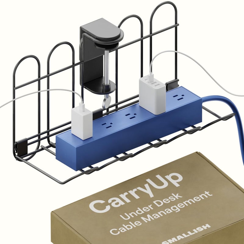 BedShelfie CarryUp Under Desk Cable Tray, No Drill Wire Management Clamp, Computer Cord Organizer for Under Desk, Rack Cable Hider & Holder, Cord Keepers for Home Office Organization, Grey, Powder Coated Metal - Image 1