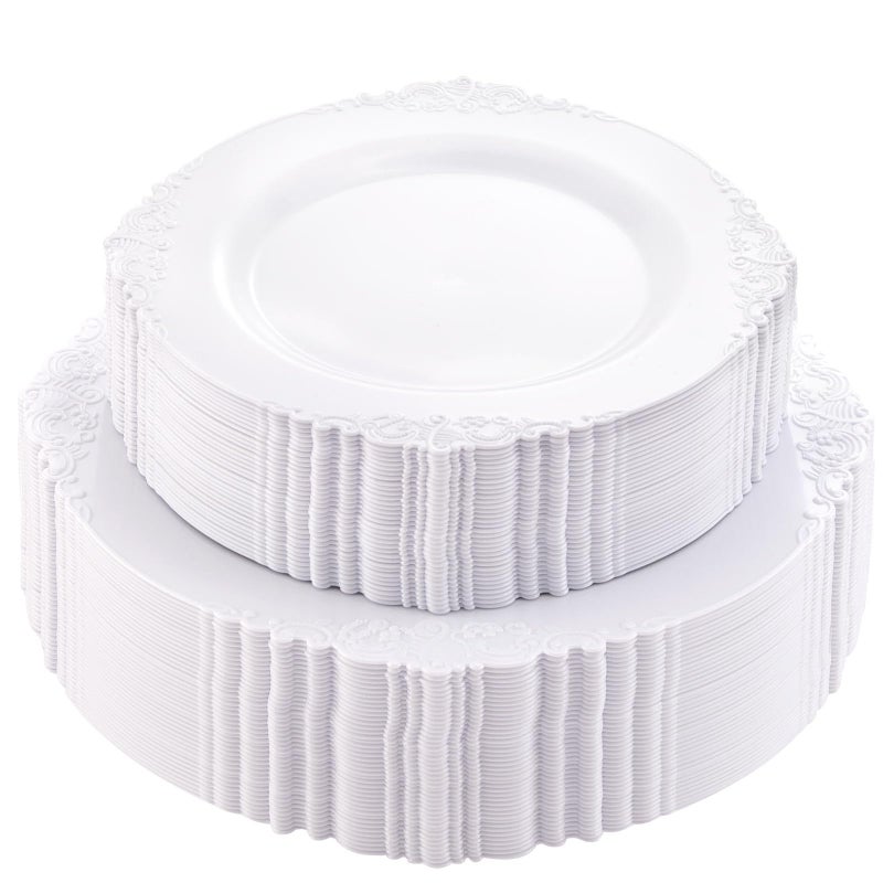 Morejoy 100PCS White Plastic Platesï¼ŒWhite Disposable Platesï¼ŒInclude 50 Pieces 10.25 Inch Dinner Plates & 50Pieces 7.5 Inch Dessert Plates,Perfect for Weddings & Party - Image 1