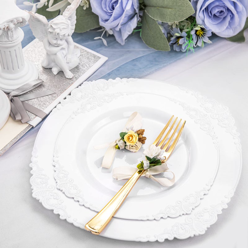 Morejoy 100PCS White Plastic Platesï¼ŒWhite Disposable Platesï¼ŒInclude 50 Pieces 10.25 Inch Dinner Plates & 50Pieces 7.5 Inch Dessert Plates,Perfect for Weddings & Party - Image 2