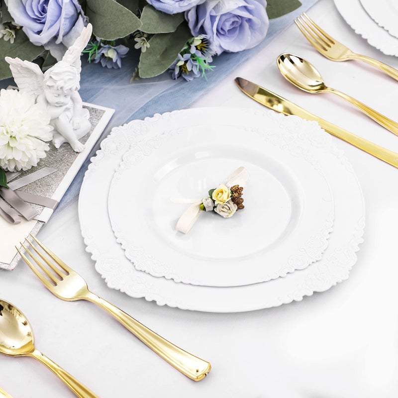 Morejoy 100PCS White Plastic Platesï¼ŒWhite Disposable Platesï¼ŒInclude 50 Pieces 10.25 Inch Dinner Plates & 50Pieces 7.5 Inch Dessert Plates,Perfect for Weddings & Party - Image 4