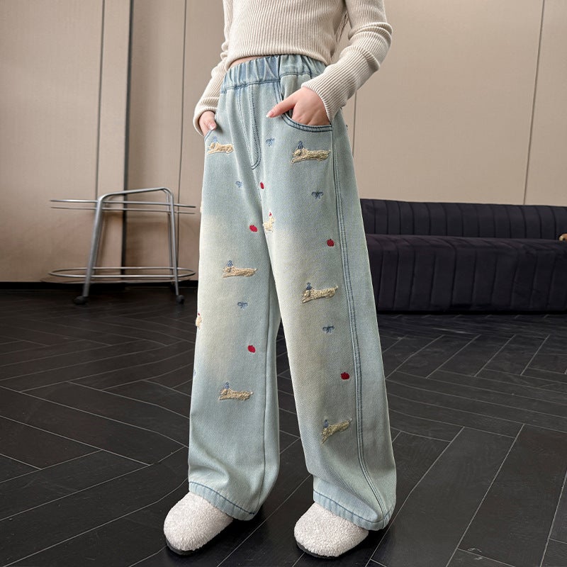 Girls' Spring Jeans Towel Embroidered Cartoon Children'S Western Style Casual Sports Wide Leg Pants Long Pants - Image 1