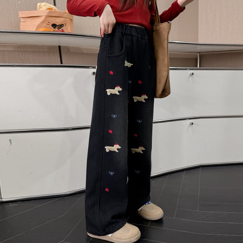 Girls' Spring Jeans Towel Embroidered Cartoon Children'S Western Style Casual Sports Wide Leg Pants Long Pants - Image 4