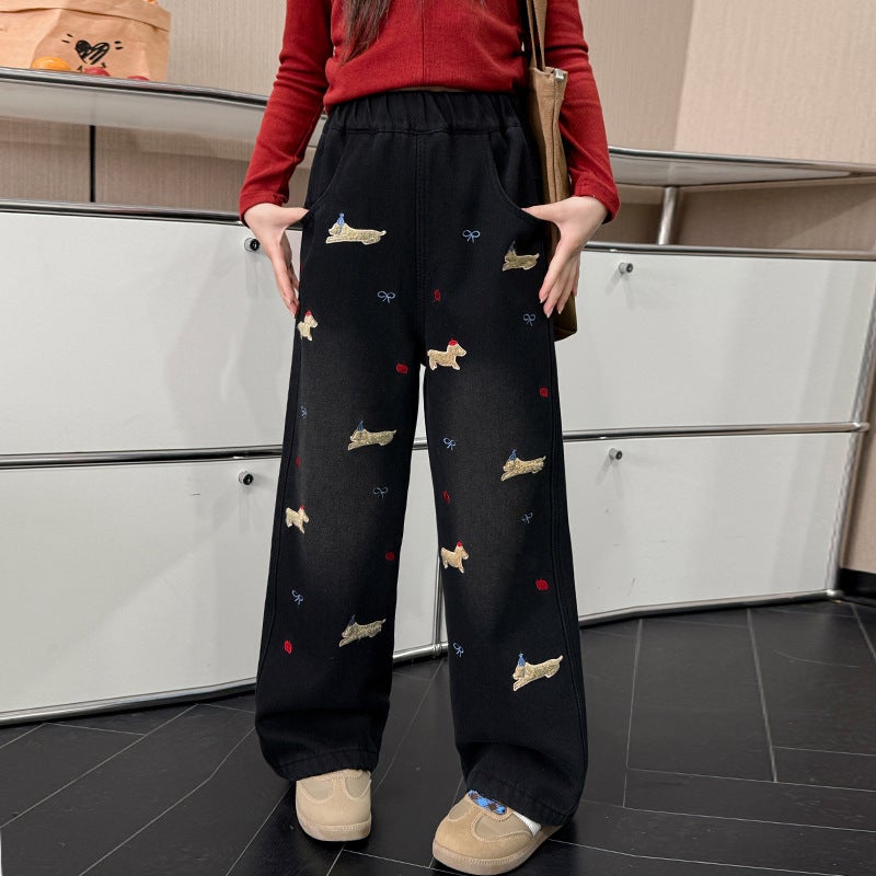 Girls' Spring Jeans Towel Embroidered Cartoon Children'S Western Style Casual Sports Wide Leg Pants Long Pants - Image 5
