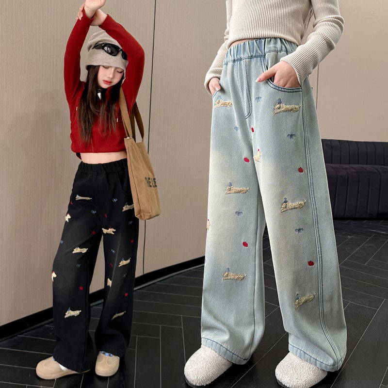 Girls' Spring Jeans Towel Embroidered Cartoon Children'S Western Style Casual Sports Wide Leg Pants Long Pants - Image 2