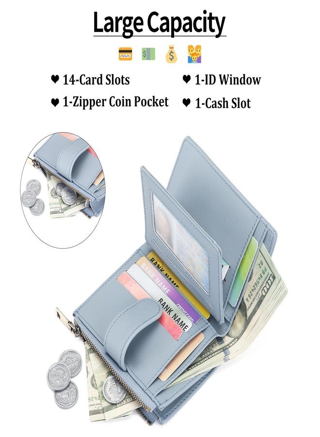 GAEKEAO Small Wallets for Women Leather RFID Blocking Bifold Zipper Pocket Wallet Card Case Purse with ID Window, Type 01 Blue, Classic - Image 2