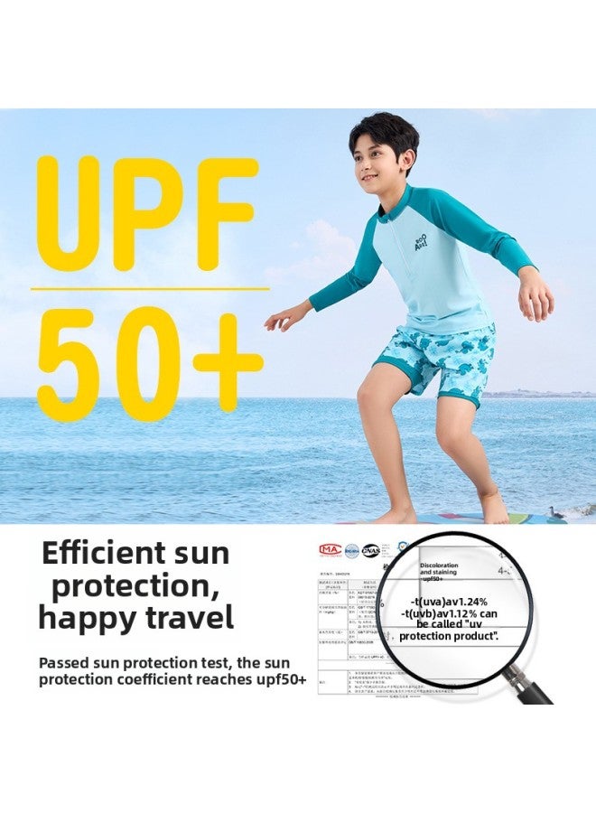 إسكدنيا ملابس سباحة للأطفال للأولاد مقسمة بأكمام طويلة للأولاد من المتوسطة والكبيرة ومضادة للإحراج، ملابس سباحة واقية من الشمس، تخصيص معدات السباحة - اللون: 8330 أزرق من البولي يوريثان - - Image 3