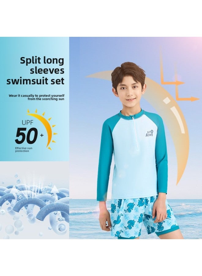 إسكدنيا ملابس سباحة للأطفال للأولاد مقسمة بأكمام طويلة للأولاد من المتوسطة والكبيرة ومضادة للإحراج، ملابس سباحة واقية من الشمس، تخصيص معدات السباحة - اللون: 8330 أزرق من البولي يوريثان - - Image 2