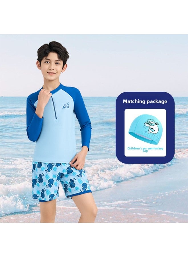 إسكدنيا ملابس سباحة للأطفال للأولاد مقسمة بأكمام طويلة للأولاد من المتوسطة والكبيرة ومضادة للإحراج، ملابس سباحة واقية من الشمس، تخصيص معدات السباحة - اللون: 8330 أزرق من البولي يوريثان - - Image 1