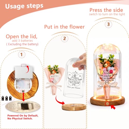 Qunrwe Sister Gifts-Bell Jar Night Lights with Warm Lights for Sisters,Unique Gifts for Sister Gift Ideas for Birthday Christmas Valentines Day Mothers Day,Fake Flower Glass Cloche Bell Jar with Wooden Base - Image 2