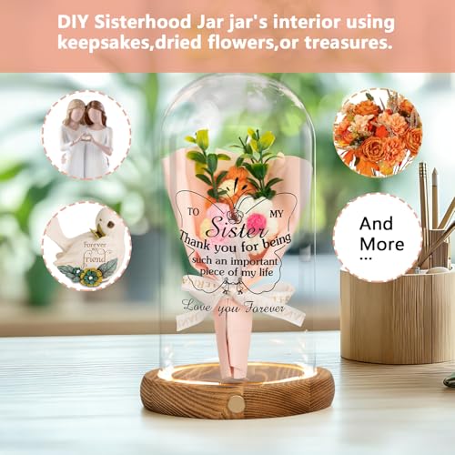 Qunrwe Sister Gifts-Bell Jar Night Lights with Warm Lights for Sisters,Unique Gifts for Sister Gift Ideas for Birthday Christmas Valentines Day Mothers Day,Fake Flower Glass Cloche Bell Jar with Wooden Base - Image 4