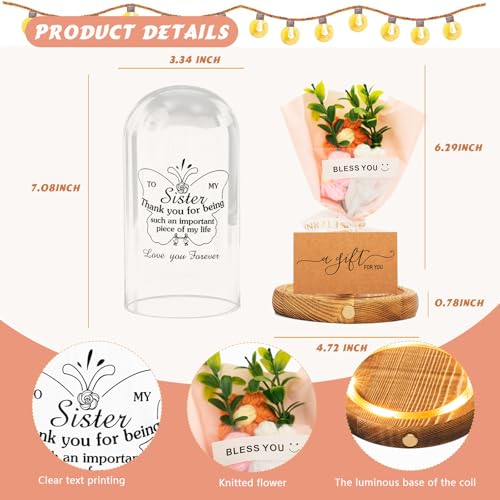 Qunrwe Sister Gifts-Bell Jar Night Lights with Warm Lights for Sisters,Unique Gifts for Sister Gift Ideas for Birthday Christmas Valentines Day Mothers Day,Fake Flower Glass Cloche Bell Jar with Wooden Base - Image 3
