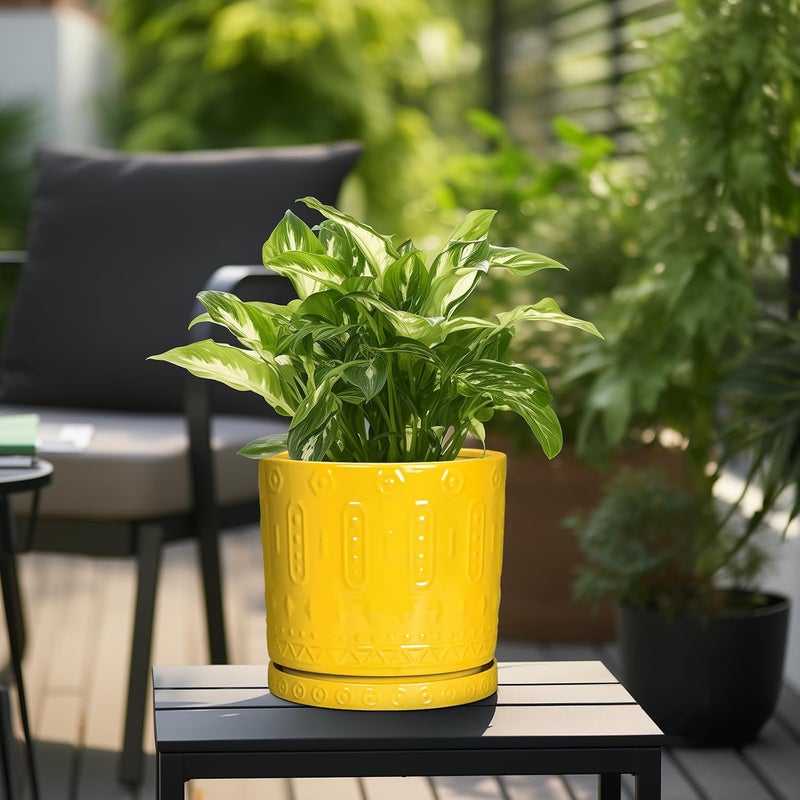 Eightpot 10 Inch Ceramic Planter Pot Plant Pot with Drainage Hole and Saucer, Round Large Flower Pot for Indoor Plants Outdoor Garden Planter Pot, Yellow - Image 5