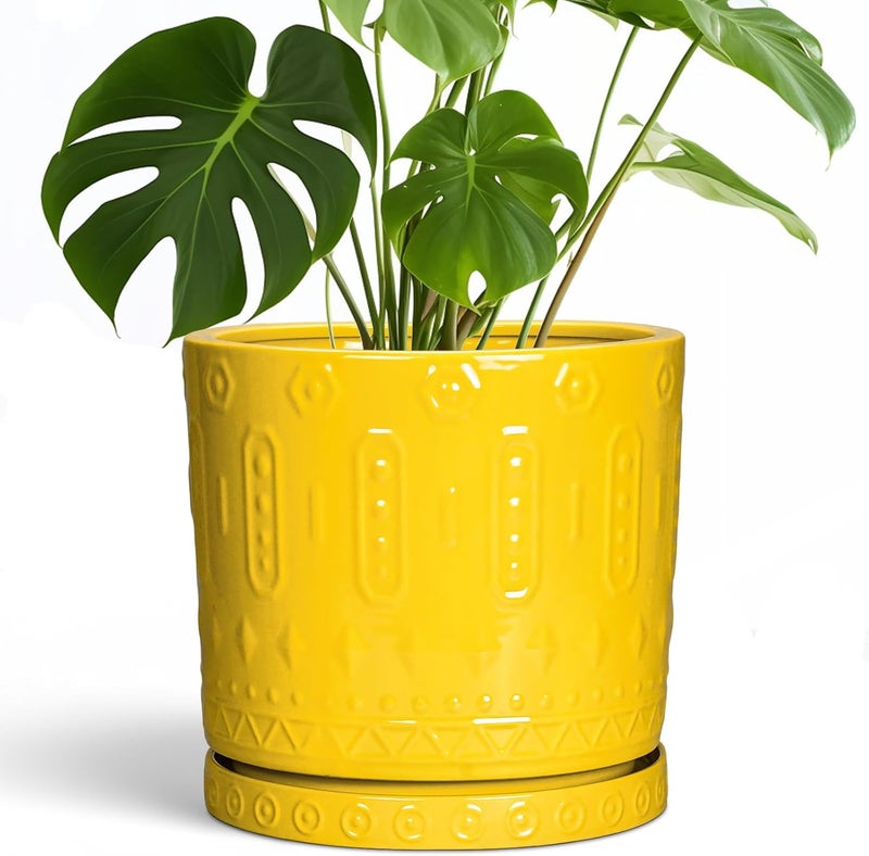 Eightpot 10 Inch Ceramic Planter Pot Plant Pot with Drainage Hole and Saucer, Round Large Flower Pot for Indoor Plants Outdoor Garden Planter Pot, Yellow - Image 1