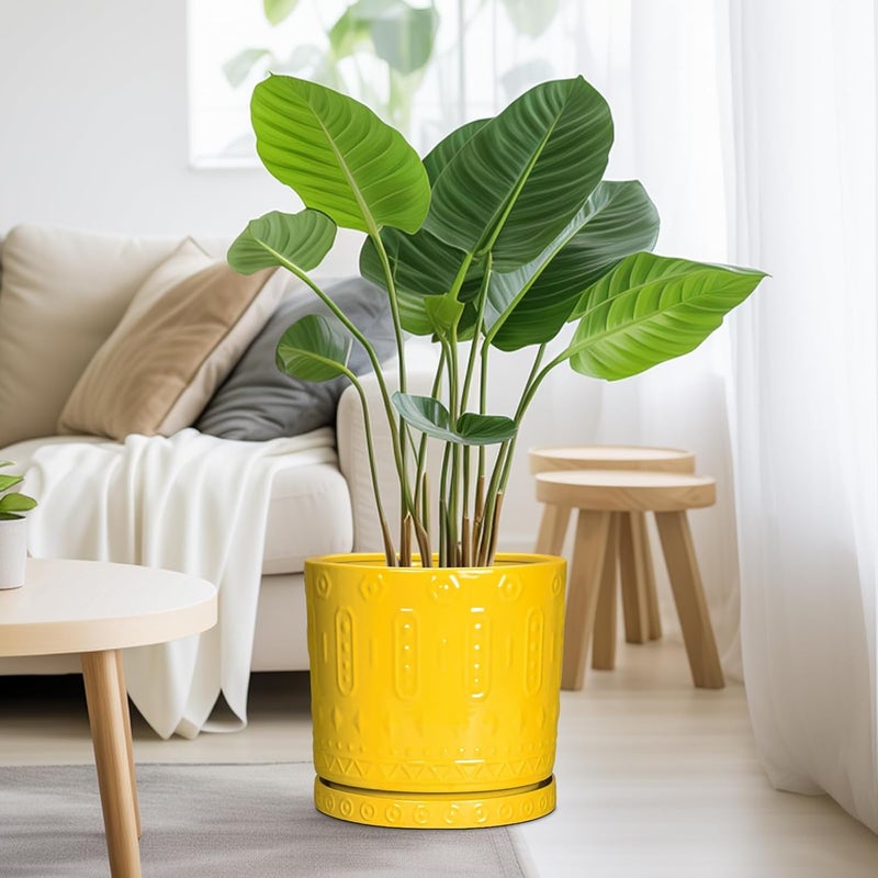 Eightpot 10 Inch Ceramic Planter Pot Plant Pot with Drainage Hole and Saucer, Round Large Flower Pot for Indoor Plants Outdoor Garden Planter Pot, Yellow - Image 4