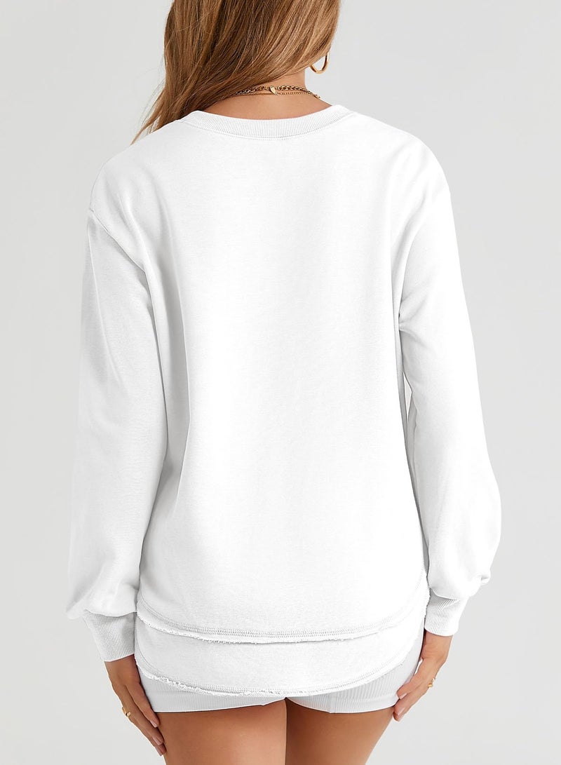 EVALESS Sweatshirt for Women Casual Long Sleeve Shirts Cute Lightweight Comfort Colors Crewneck Cotton Sweatshirts Loose Fit Side Split Pullover Tunic Tops 2025 Fall Fashion Clothes White Medium - Image 5