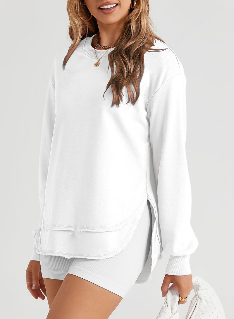 EVALESS Sweatshirt for Women Casual Long Sleeve Shirts Cute Lightweight Comfort Colors Crewneck Cotton Sweatshirts Loose Fit Side Split Pullover Tunic Tops 2025 Fall Fashion Clothes White Medium - Image 3
