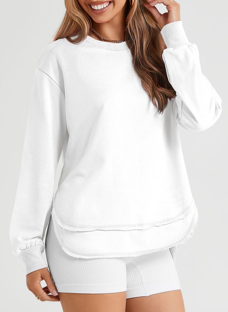 EVALESS Sweatshirt for Women Casual Long Sleeve Shirts Cute Lightweight Comfort Colors Crewneck Cotton Sweatshirts Loose Fit Side Split Pullover Tunic Tops 2025 Fall Fashion Clothes White Medium - Image 4