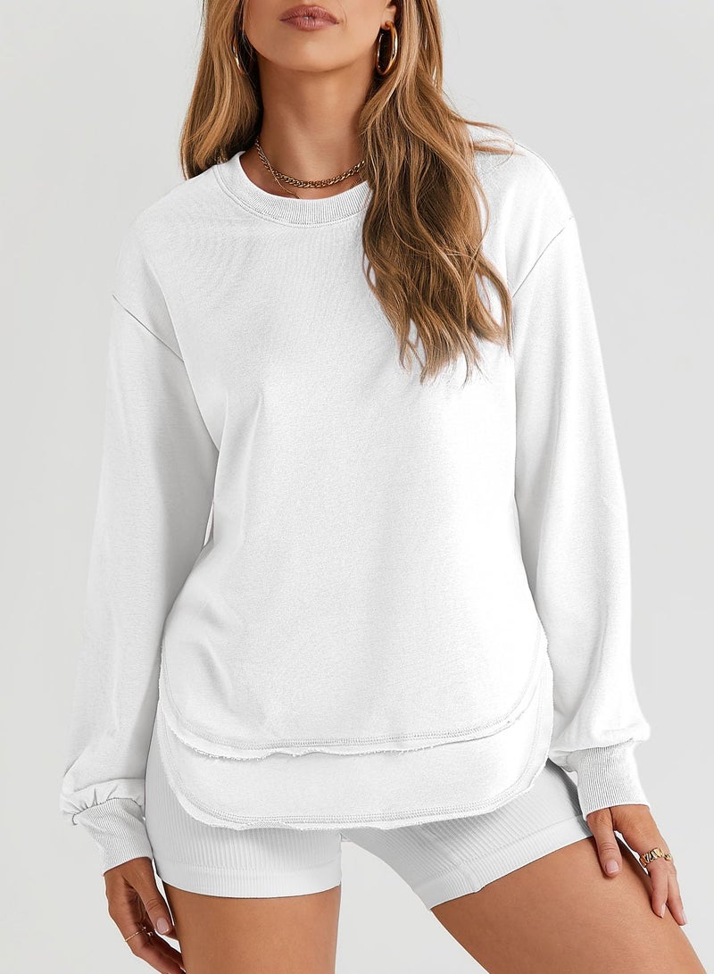 EVALESS Sweatshirt for Women Casual Long Sleeve Shirts Cute Lightweight Comfort Colors Crewneck Cotton Sweatshirts Loose Fit Side Split Pullover Tunic Tops 2025 Fall Fashion Clothes White Medium - Image 2