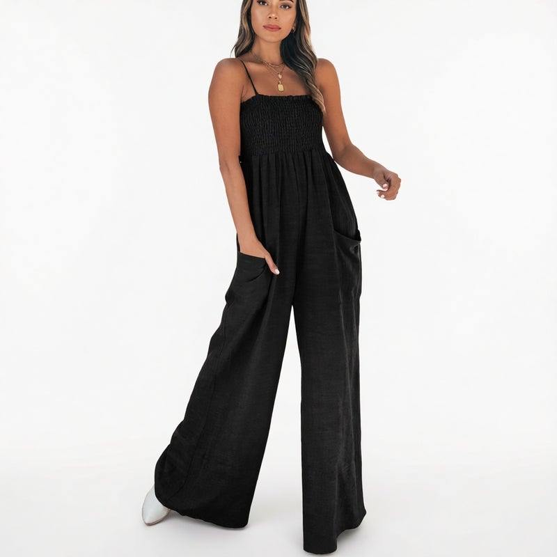 Fashion Casual High Waist Strap Jumpsuit with Pleated Detail - Image 1