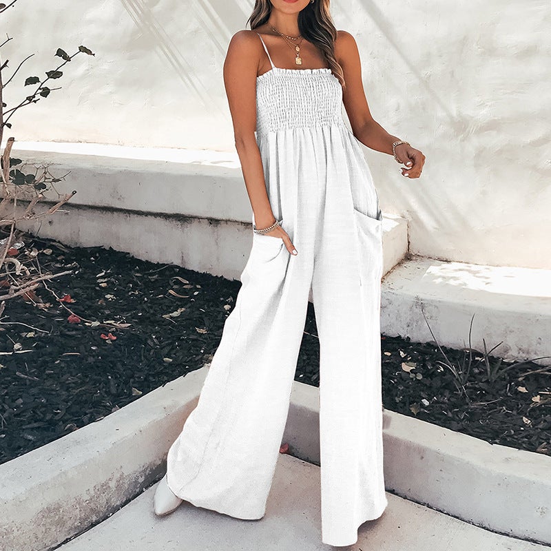 Fashion Casual High Waist Strap Jumpsuit with Pleated Detail - Image 2