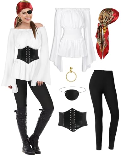 CICOCI Pirate Costume For Women With Accessories Renaissance Blouse Top Belt Headscarf Full Outfits Halloween Costume - Image 1