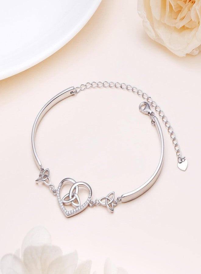 FLYOW 925 Sterling Silver Adjustable Celtic Heart Trinit Knot Bracelet Good Luck Irish Jewelry for Women Birthday Graduation Christmas (Trinity Knot Heart Bangle Bracelet) - Image 2