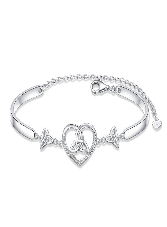 FLYOW 925 Sterling Silver Adjustable Celtic Heart Trinit Knot Bracelet Good Luck Irish Jewelry for Women Birthday Graduation Christmas (Trinity Knot Heart Bangle Bracelet) - Image 1