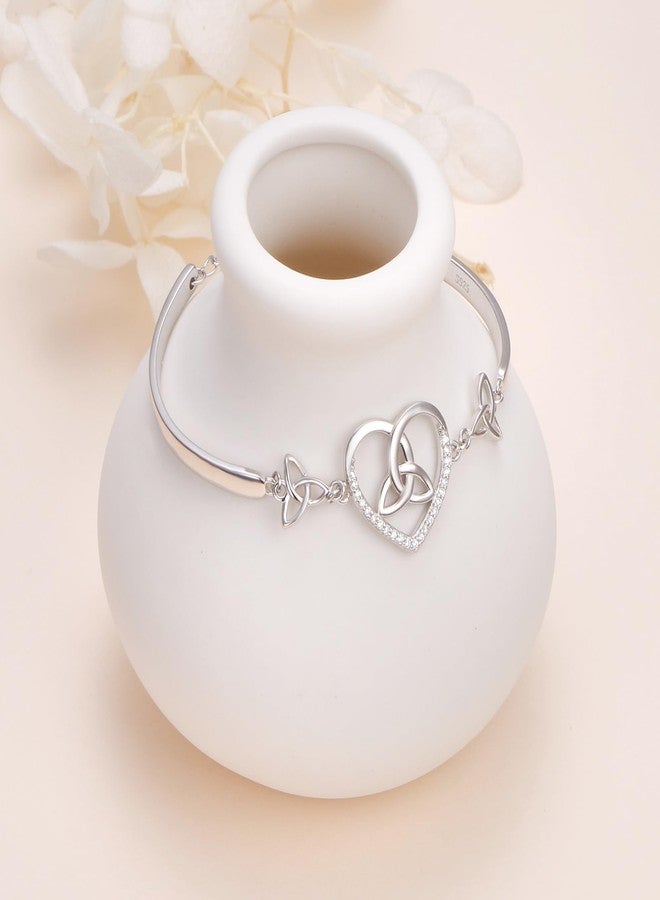 FLYOW 925 Sterling Silver Adjustable Celtic Heart Trinit Knot Bracelet Good Luck Irish Jewelry for Women Birthday Graduation Christmas (Trinity Knot Heart Bangle Bracelet) - Image 3