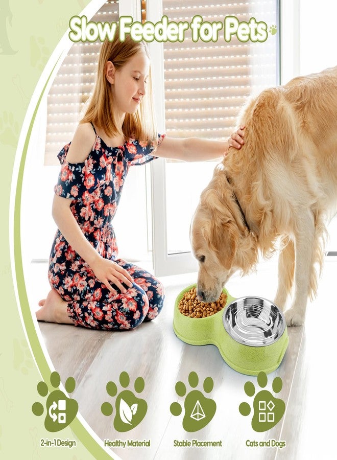 VINGVO Pets Double Slow Feeder Bowls, Cats & Dogs Food Water Bowls, Stainless Steel Puppy Food and Water Dishes Non-Skid, Pet Feeding Bowl for Small Dogs Puppy Cat (Green) - Image 2