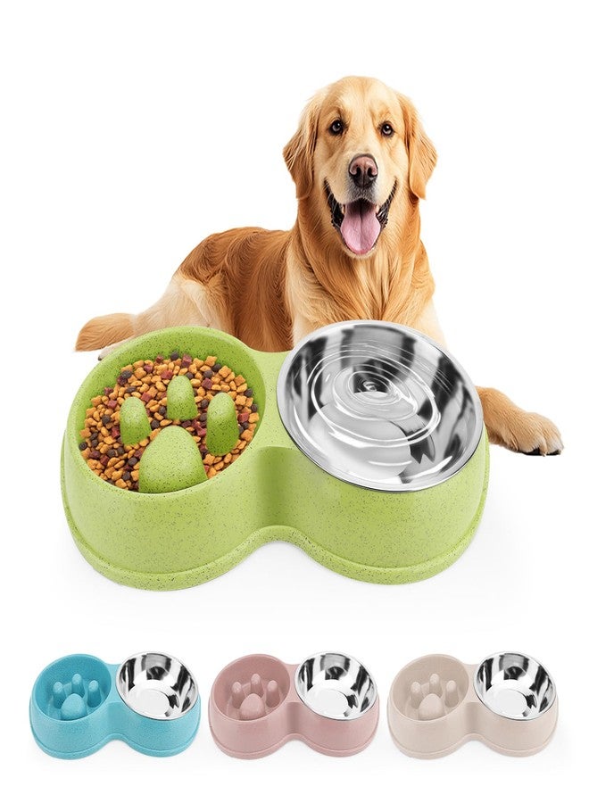 VINGVO Pets Double Slow Feeder Bowls, Cats & Dogs Food Water Bowls, Stainless Steel Puppy Food and Water Dishes Non-Skid, Pet Feeding Bowl for Small Dogs Puppy Cat (Green) - Image 1