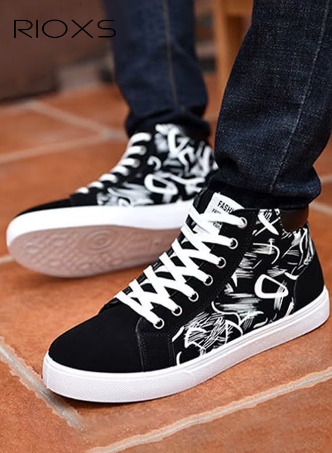 RIOXS High Top Sneaker for Men, Classic Casual Canvas Sneakers, Men's Lace Up Athlesiure Shoes, Lightweight Walking Shoes for Male, Comfort Breathable Skating Shoes, Non-slip Sporty Outdoor Trainers, Black Sport Shoes for Travel Work and Daily Wear - Image 1