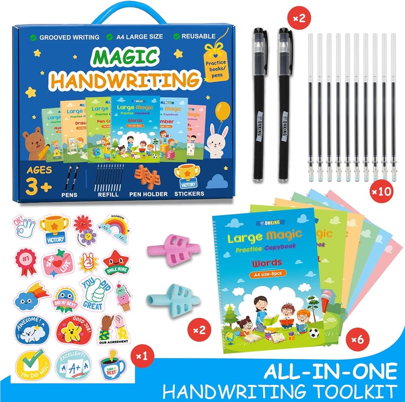 Monking Large Magic Practice Copybook for Kids,Handwriting Grooved Practice Book 6 Pack with Pen Refill English Cursive Calligraphy Reusable Age 3-8（A4 Size） - Image 3