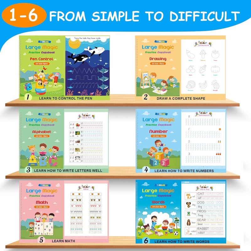 Monking Large Magic Practice Copybook for Kids,Handwriting Grooved Practice Book 6 Pack with Pen Refill English Cursive Calligraphy Reusable Age 3-8（A4 Size） - Image 5