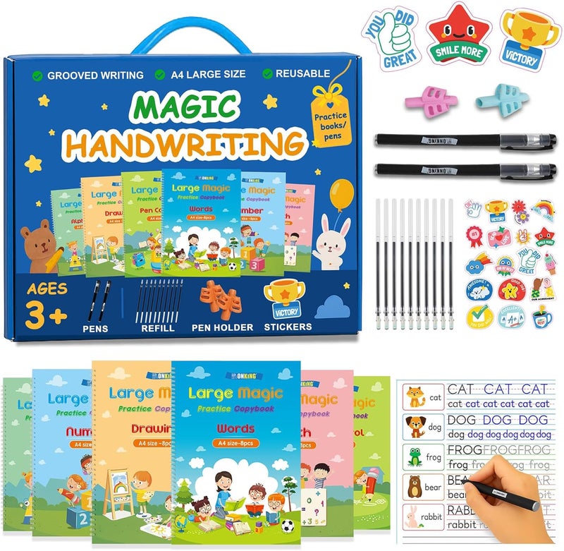 Monking Large Magic Practice Copybook for Kids,Handwriting Grooved Practice Book 6 Pack with Pen Refill English Cursive Calligraphy Reusable Age 3-8（A4 Size） - Image 1