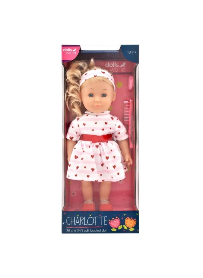 dolls world Charlotte 14 inch Soft Doll Sleeping Eyes Outfit and Hair Accessories from Peterkin gift for kids of Age above 18 months  - Image 1